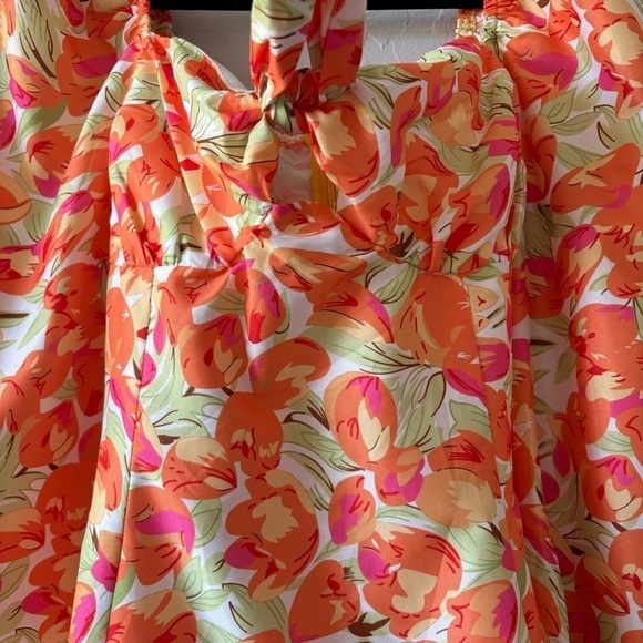 Cider Orange Floral Long Puff Sleeve Tie Front Mini Dress Resort Vacation Size S - Picture 6 of 12